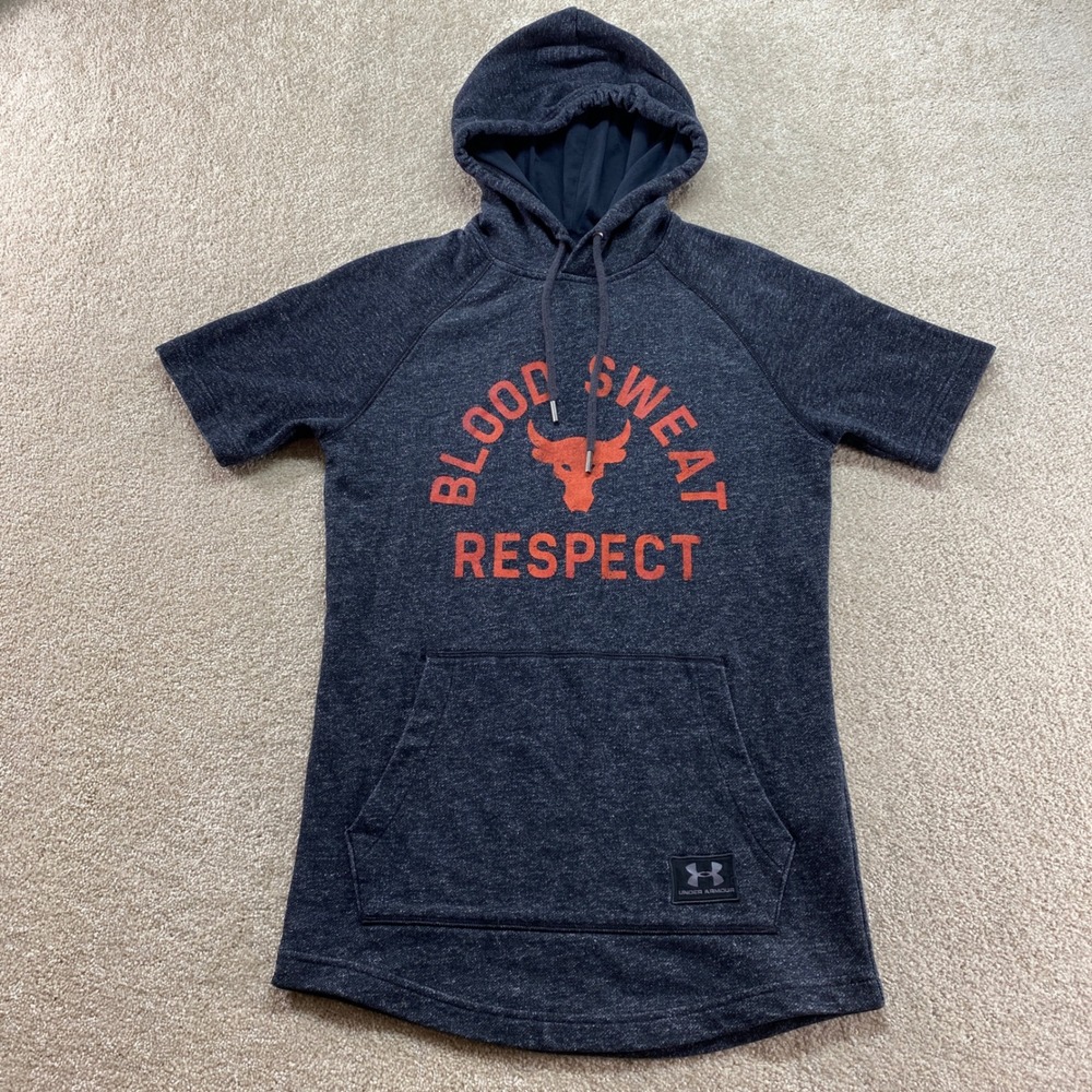 Under Armour Project Rock Short Sleeve Hoodie Mens Small Blood Sweat Respect